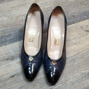 Vintage Salvatore Ferragamo leather heel shoes navy blue black metal accents